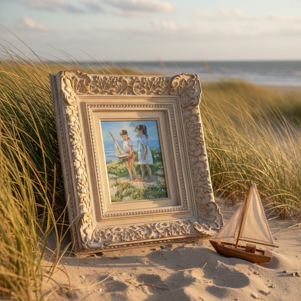 Vintage Coastal Oil Painting-Children-Sailboat-Ornate Gilt Wood Frame-Art-Beach